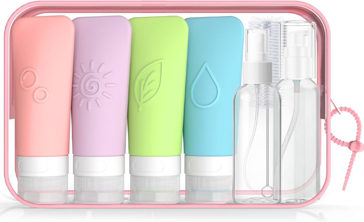 16-Piece Silicone Travel Bottles Set – TSA Approved Leakproof Toiletry Kit with Flat Easy-Squeeze Bottles. Pump & Spray. Waterproof Bag