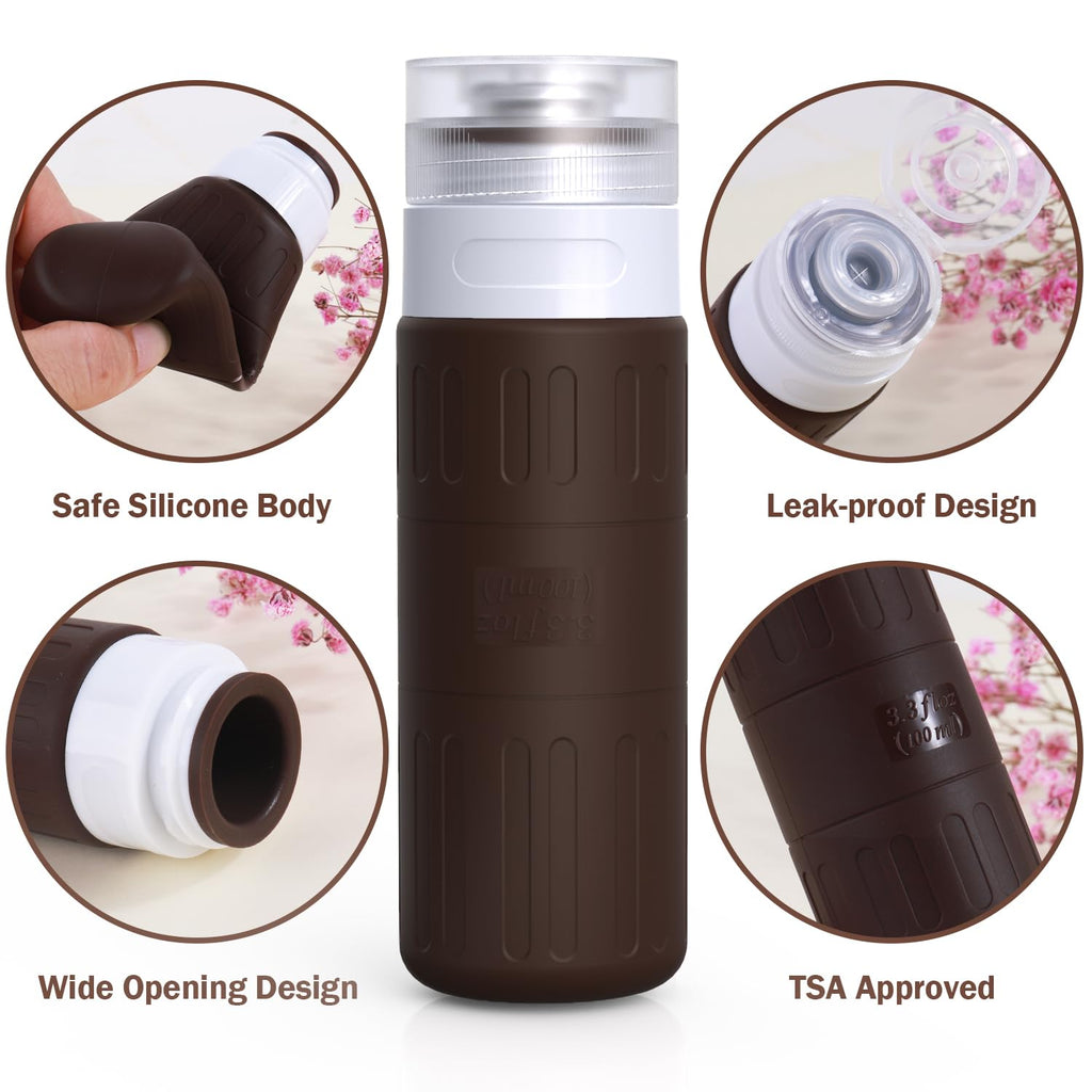 GLAMFIELDS Travel Bottles for Toiletries.TSA Approved 3.3oz Size LeakProof Silicone Toiletry Containers for Shampoo. Conditioner.Easy to Squeeze .Portable Travel Essentials for Lotion(18 Pack) Coffee
